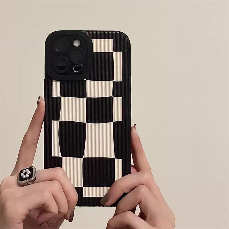 Vertical Leather Shell Chessboard Printed Patterned Shockproof Soft Silicone Case with Camera Lens Full Protection for iPhone Samsung