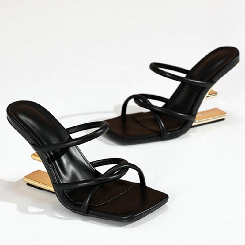 Fashion Liyke Fashion Chic Metal Fretwork Wedges Slippers Women Cozy Leather Narrow Band Summer Shoes Gold High Heels Gladiator Sandals