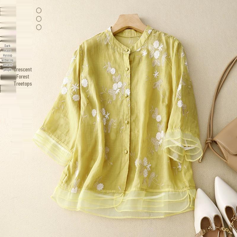 Artistieke Retro Kant Patchwork Dames Top: Katoen-linnen blouse met zeven mouwen en zware borduurwerken.