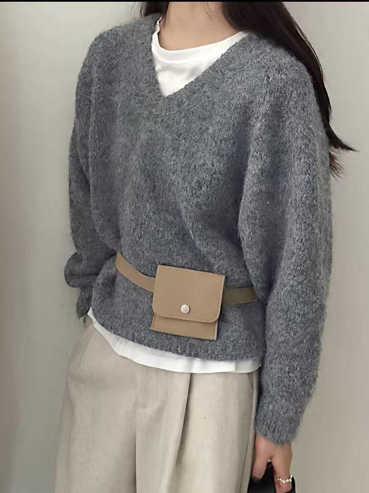 Women's V-Neck Loose Knit Pullover Sweater - Korean Autumn/Winter Style