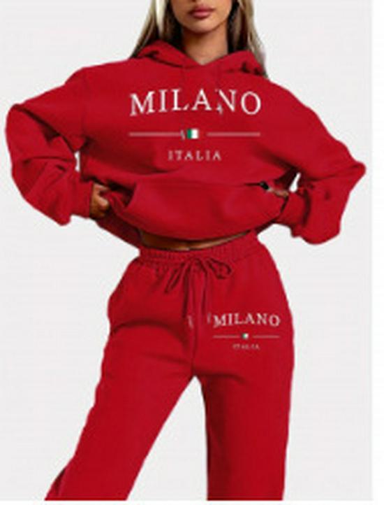 European & American Women's Plus Size Casual Hooded Sweatshirt Set with Trendy Print