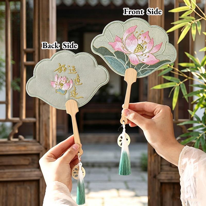 Ancient Handheld Flora Embroidered Fan with Pendant Floral Shaped Chinese Style Fan Butterfly Tassels Group Fan Photography Prop