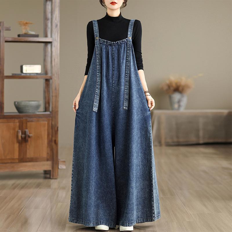 Retro Slimming Denim Jumpsuit - Plus Size, Spring to Autumn