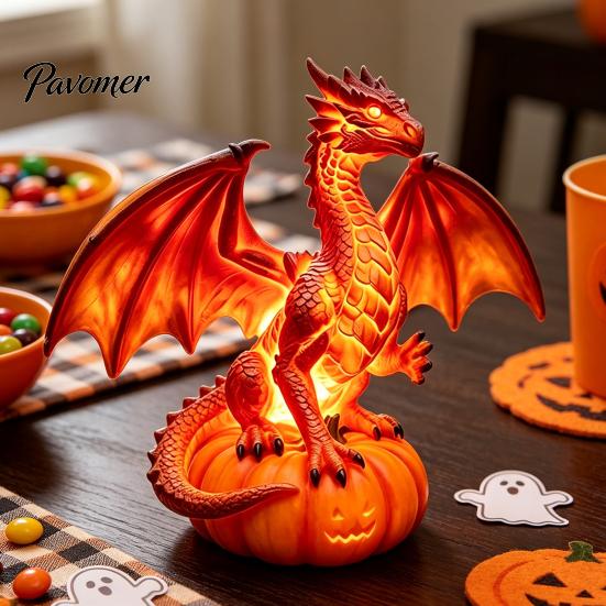 Autumn Holiday Party Ornament Dragon Solar Garden Light, Halloween Night Resin Gothic Pumpkin Warm Ambient LED Nightlight Statue, Medieval Fantasy for