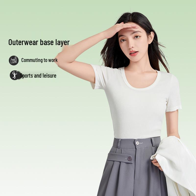 5A Antibakterielles Damen einfarbiges Tencel Baumwoll Ripp Kurzarm Sommer T-Shirt