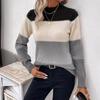 Womens Colorblock Knit Sweater Loose Fit Round Neck Long Sleeve Casual Pullover Winter