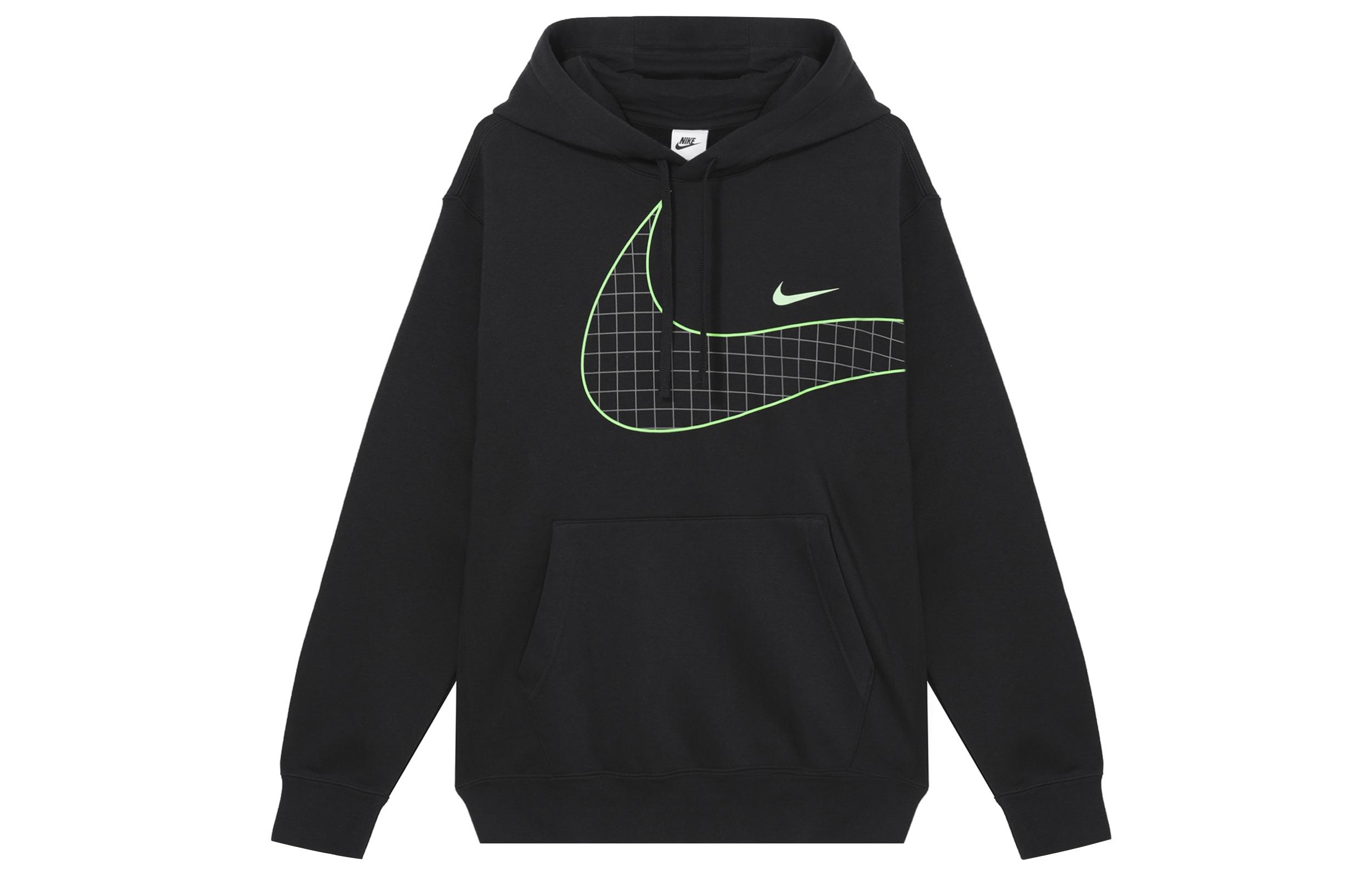 Nike Large Logo Print Sports Knitted Fabric Fleece Lined Hooded Pullover Sweatshirt Men s Black DO6936-010 L