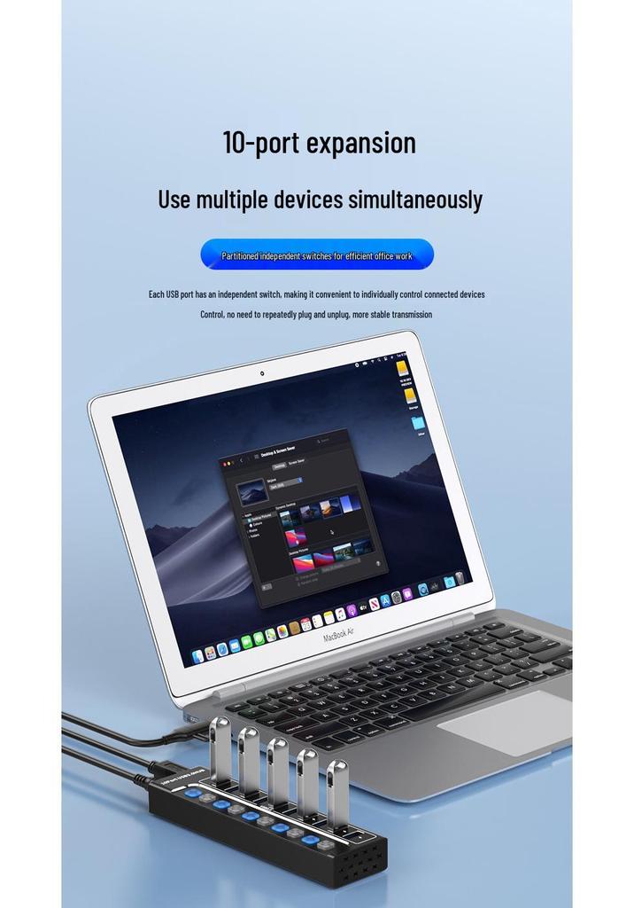 10-Port USB 3.0 Hub Expander for Laptops, Phones, and Desktops
