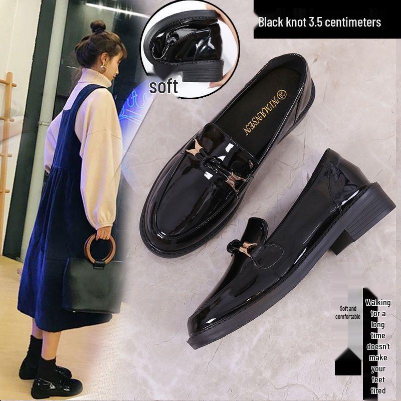 British Style Low-Heeled Black Leather Loafers for Women - 2025 Spring/Autumn: Soft-Faced, Soft-Soled, Thick-Cotton, Versatile Shoes.