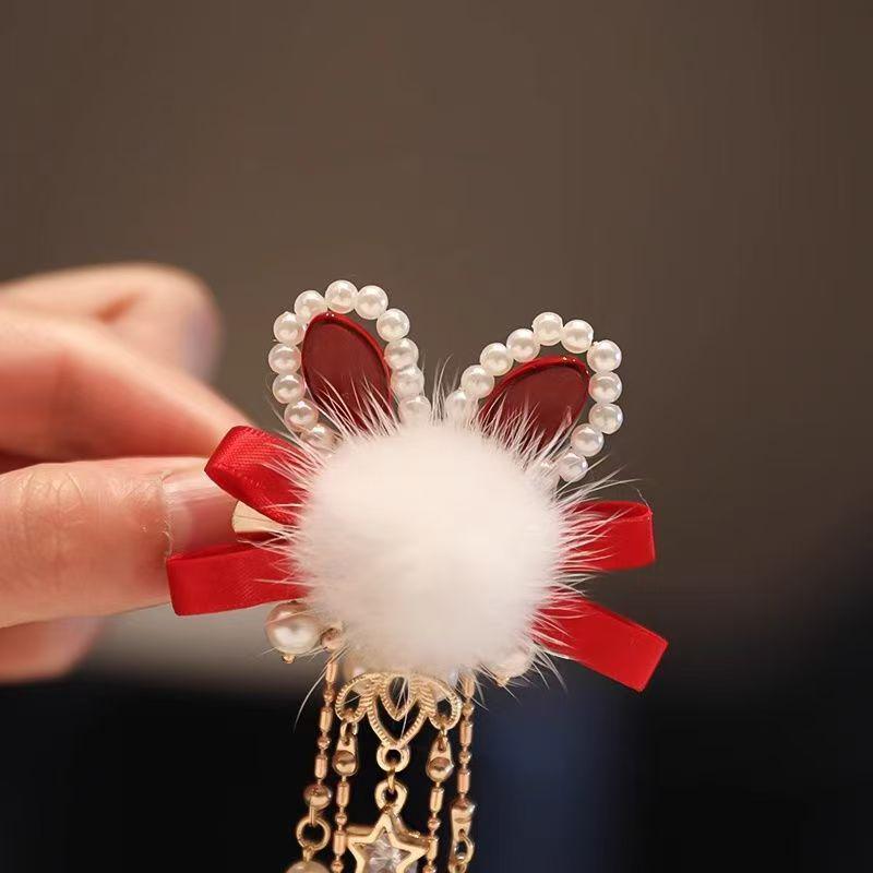 Winter Rabbit Pom-Pom Hanfu Hair Clips - Cute Red Headdress for Children’s Costumes