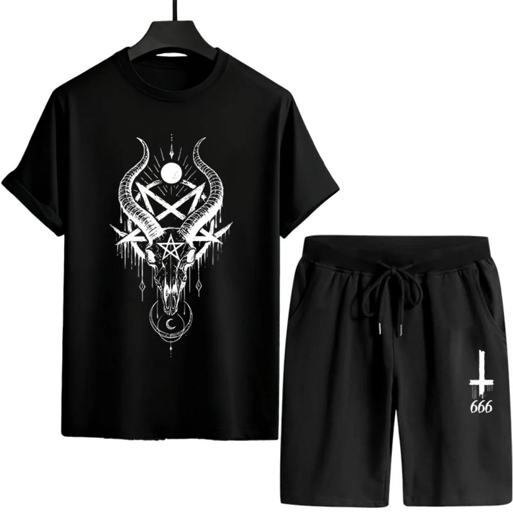 

Men s Sports Suit Round Neck T-shirt and Black Shorts Satan Print T-shirt Set Summer Casual Men s Short Sleeved Set XXL