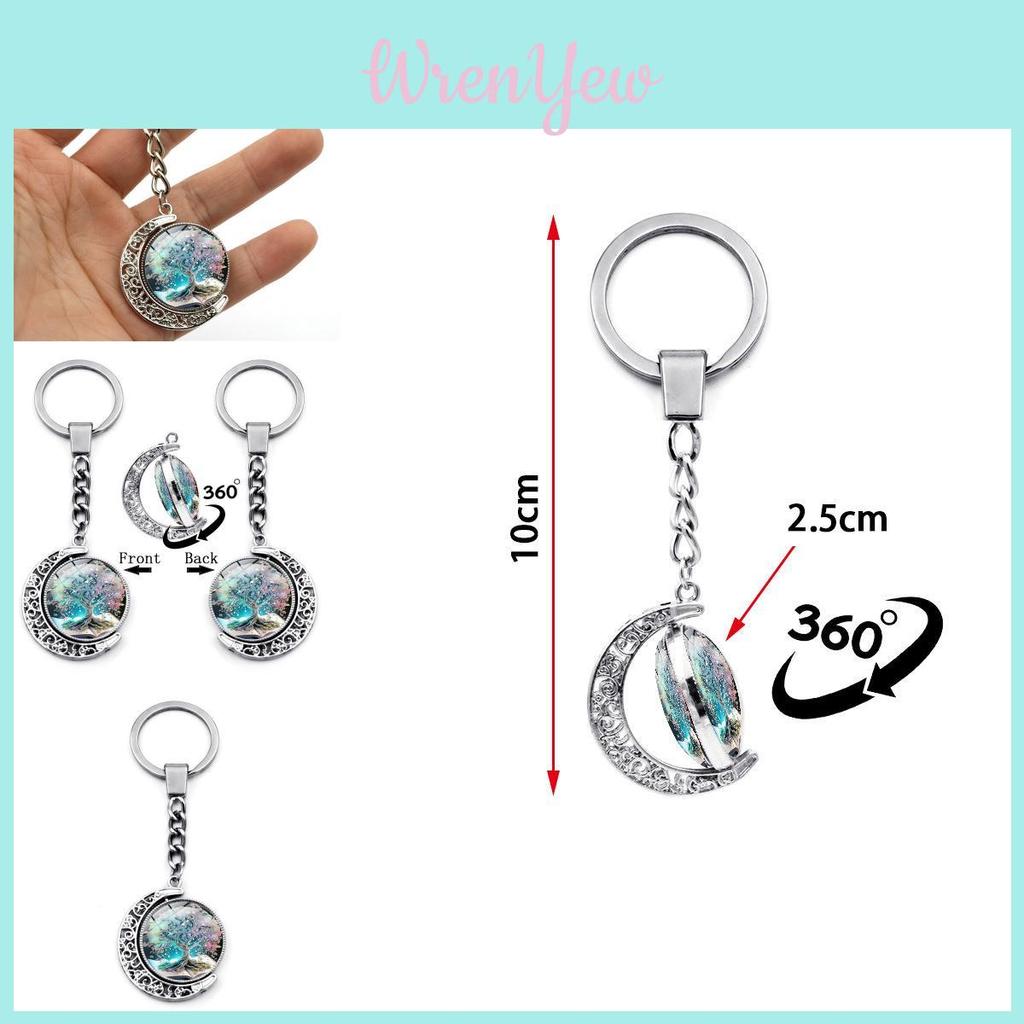 Tree Of Life Pattern Double-sided Rotating Moon Pendant Keychain Metal Key Ring Creative Small Gift Zinc Alloy