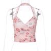 Y2k Rosa Mesh Rose Blomma Grafisk Crop Top Hollow Shoulder Backless Halter T-Shirt Camisole Sexig Söt T-shirt Bustier Cropped