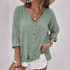 Women's V Neck Three Quarter Sleeve Blouse Loose Fit Casual Shirt Solid Color Button Down Tunic Top