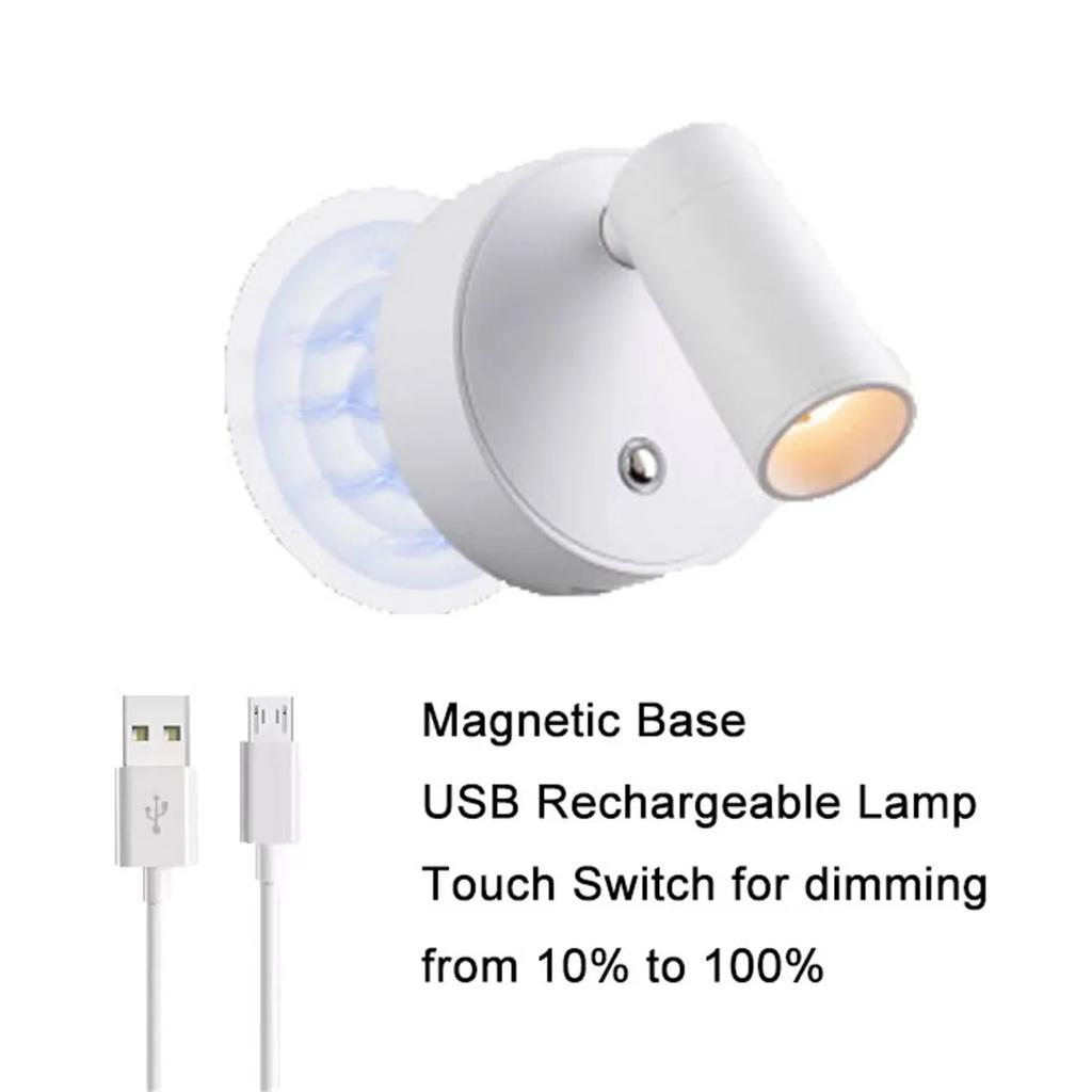 Magnetic Base USB Rechargeable LED Cordless Wall Light with Touch Switch Black White Magnet Dimmable Bedside Lamp for Reading