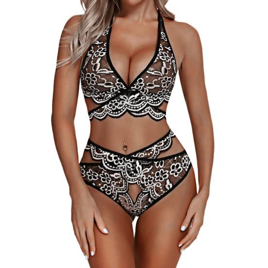 Sexy Lace Underwear Set Floral Lace Bralette And Panty Babydoll Outfits Halter Bra V Waist Briefs Women 2 Piece Underwear Set