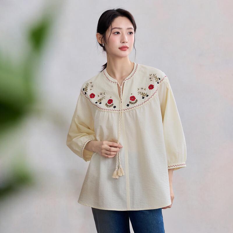 INMAN Women s Bohemian Embroidered Lantern Sleeve Blouse S