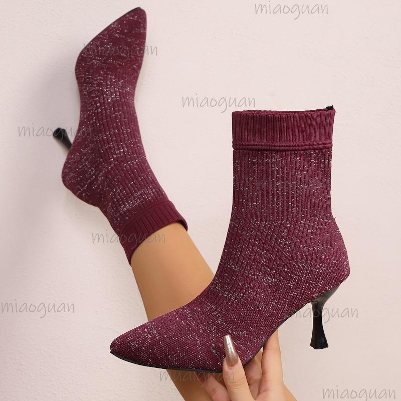 Size36-43 Women's Stiletto High Heel Pointed Toe Stretch Fabric Fashion Boots Autumn Winter Elegant Short Boots Botas Mujer