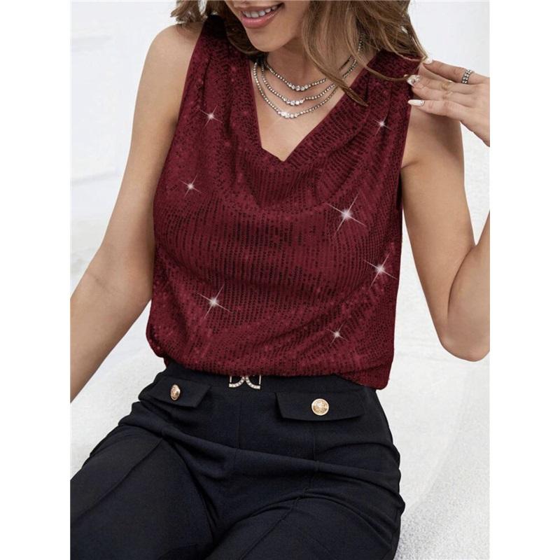 Trendy European And American Sexy V Neck Strapless Sequin Loose Short Pullover Top Women Tank Top Stylish Blouse