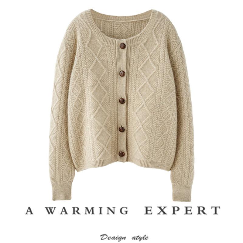 Women's 100% Pure Wool Cable Knit Cardigan – European Style, Thickened, Warm, Loose, Niche Design.