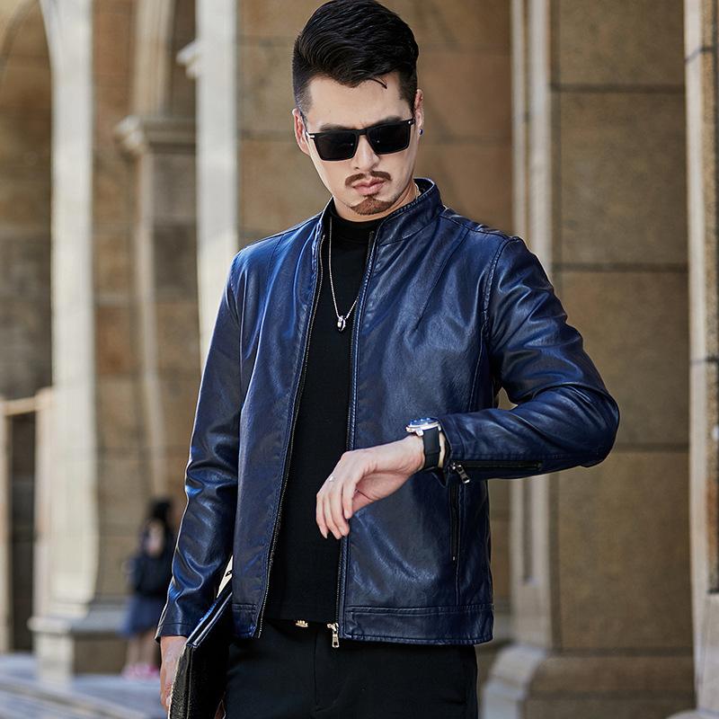 Winter new velvet leather jacket men's casual fashion trendy leather jacket men's thermal stand-up collar jacket men's clothing