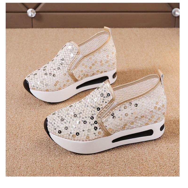 Inner height-increasing white shoes, lace sequins, mesh one-pedal single shoes for women, summer new breathable sneakers for women