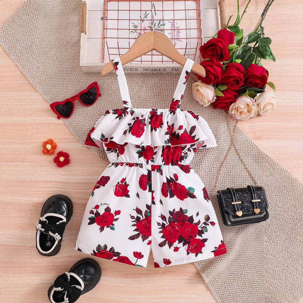 Girls' Fashionable Red Jumpsuit 2025 Summer Children's Sweet Jumpsuit