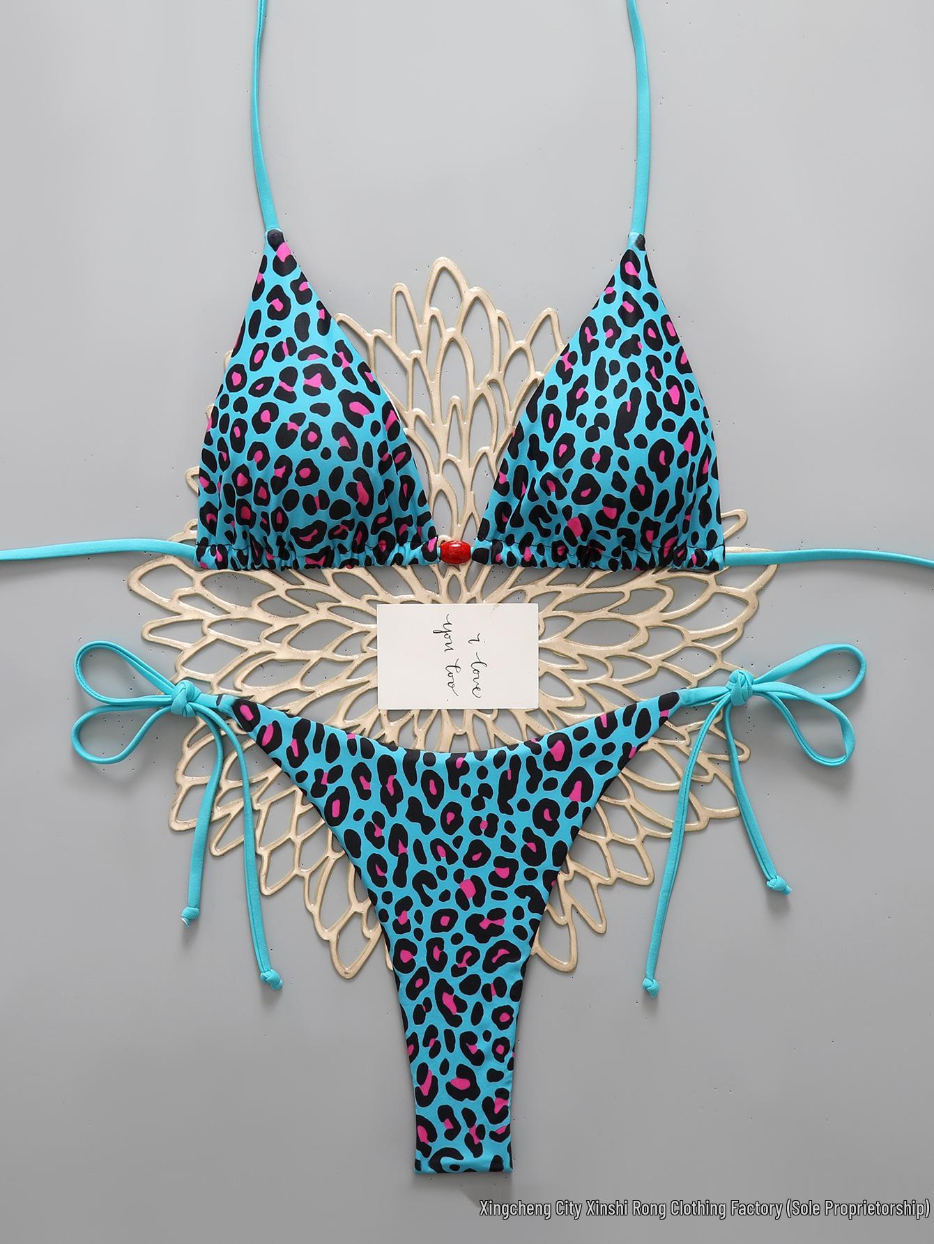 

2026 European & American Double-Sided Print Lace-Up Triangle Bikini Swimsuit for Women L леопард друку кольору
