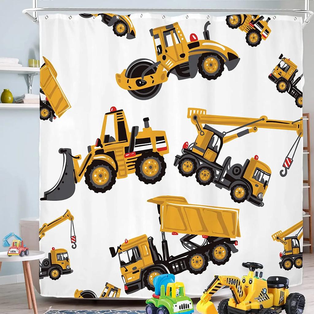 Kid Excavator Shower Curtain Tractor Mechanic Truck Construction Vehicle Boys' Bulldozer Crane Hanging Curtains Bathroom Decor