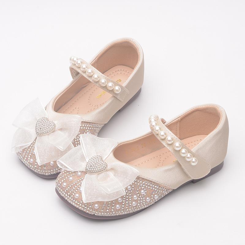 Girls' Princess Shoes Spring and Autumn New Rhinestone Pearl Flats for Baby Girls, Children's Non-Slip Performance Leather Shoes