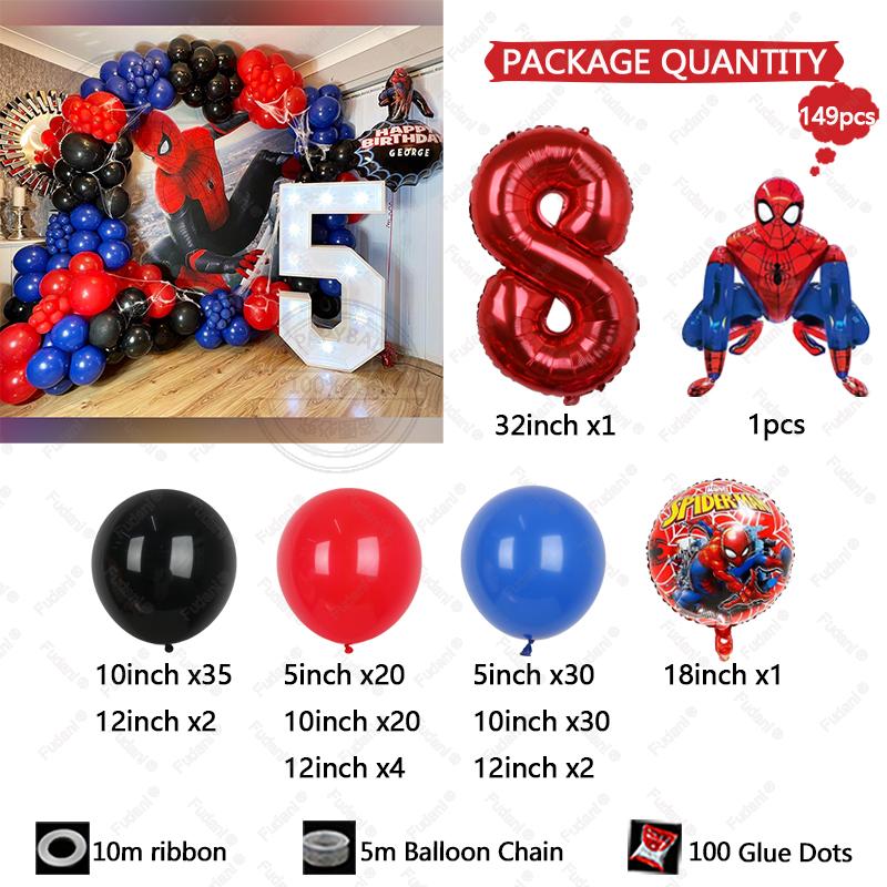 149pcs Kids Birthday Red Blue Balloons Garland Arch Kit For Party Decors Age 1-9 Spiderman 3D Marvel Foil Balloons Air Globos