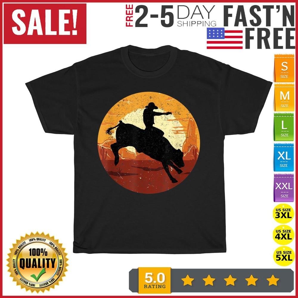 Bull Rider Cowboy Retro Sunset Bull Riding Western Vintage T Shirt Men Women NEW