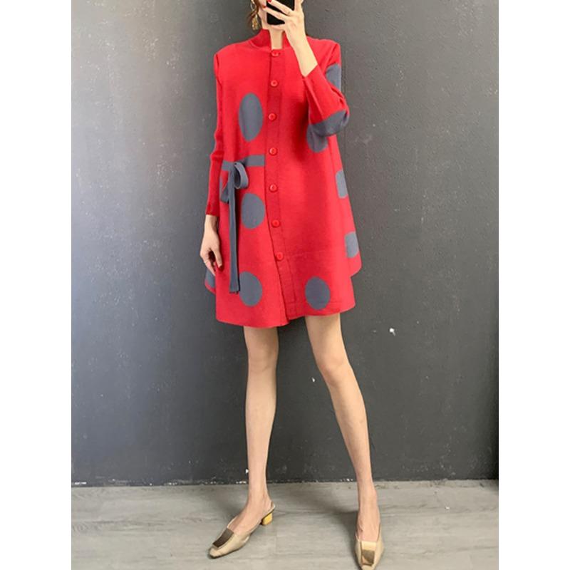 Stand Collar Pleated Dress 2023 Autumn Single Breasted Drawstring Dot Printing Festival Clothing Women Elegant