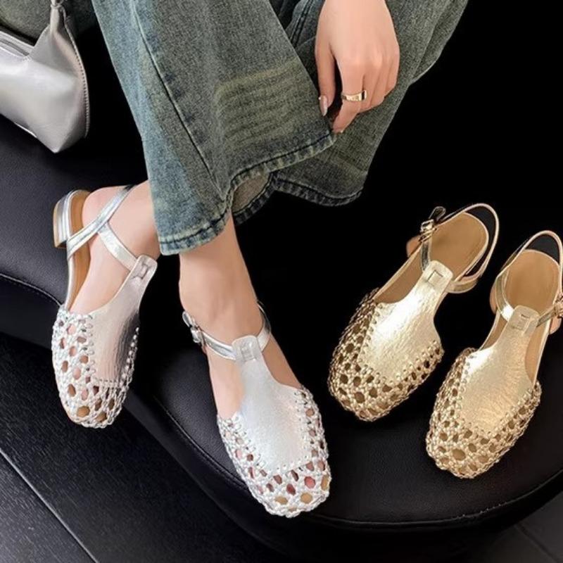 Retro woven bag head hollow T-belt low-heeled sandals women's new summer comfort, sandals women's