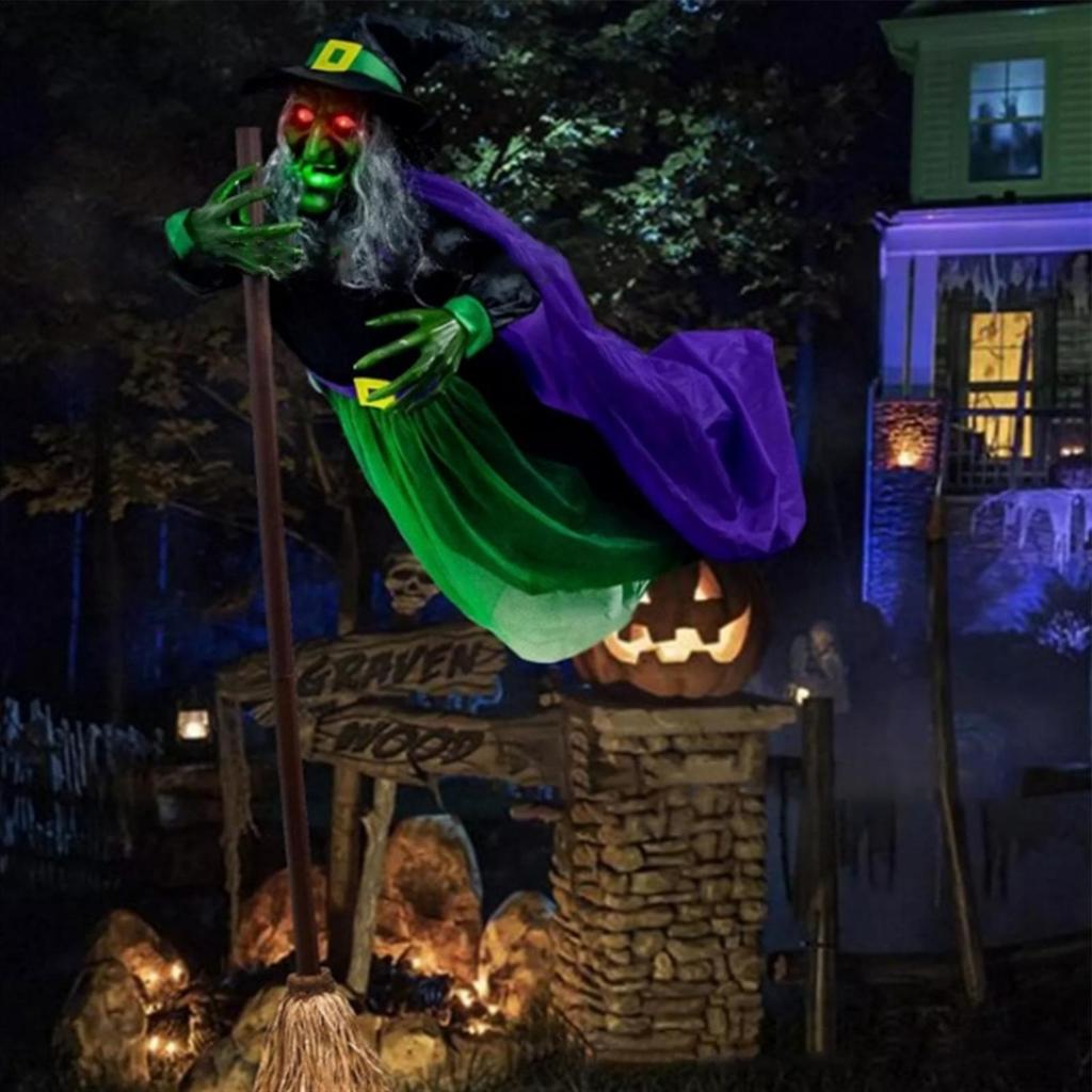 Flying Witch Decorations with Luminous Eyes Halloween Flying Witch on Broom Decor Spooky Props for Porch Yard Lawn Home Patio