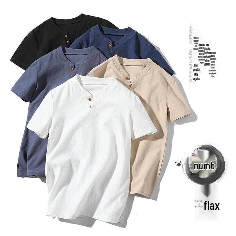 Men's Summer 2026 Cotton Linen Two-Button Short Sleeve T-Shirt - Soft & Breathable