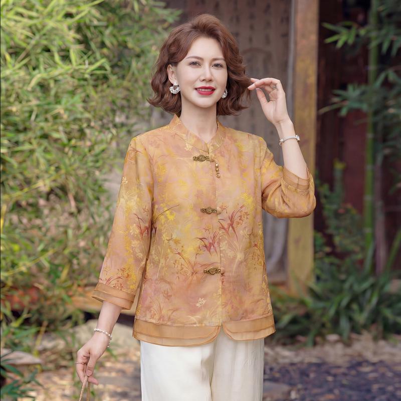 

2026 Summer Fashion: Chinese-Style Three-Quarter Sleeve Shirt for Middle-Aged and Elderly Women XL