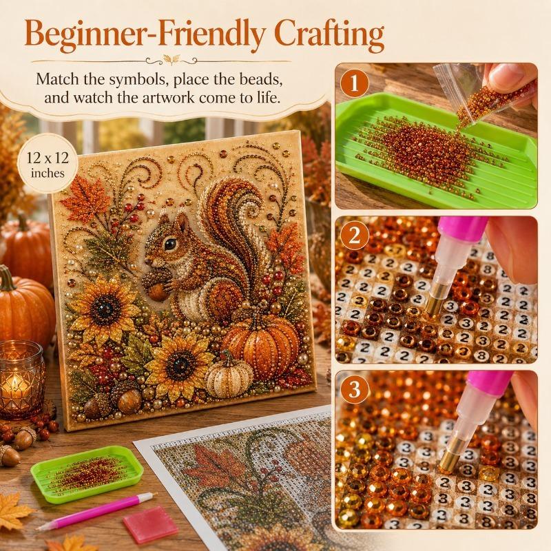 Autumn Harvest DIY Pearl Painting Kit, Squirrel Fox Diamond Painting, Handmade Home Wall Decor Ornament