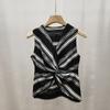 French Retro V-Neck Striped Vest Pleats Irregular Sleeveless Slim Knitted Top For Women