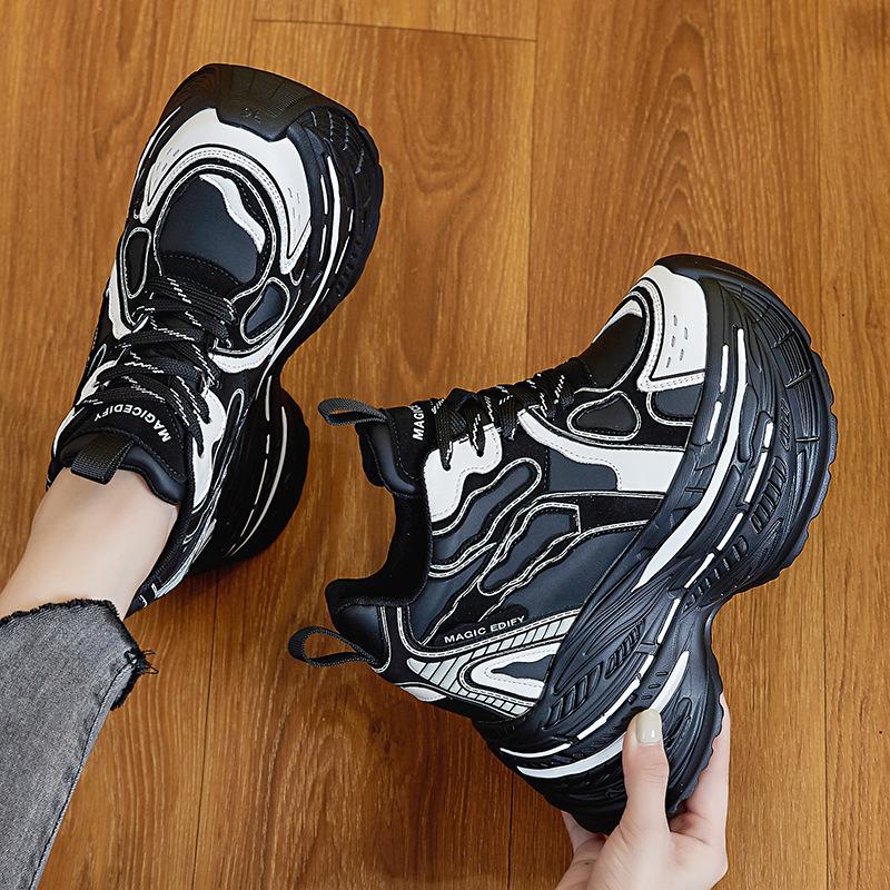 Fashion 12CM Genuine Leather Chunky Sneakers Women Vulcanize Boots Spring Shoes Ankle Booties Fashion Autumn Daddy Shoes Platform Lady