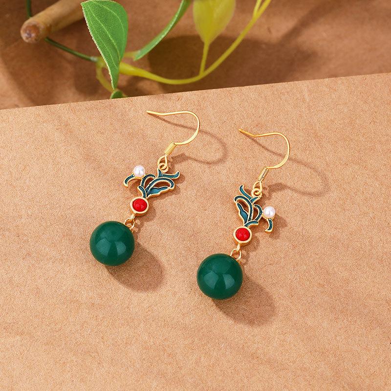 Ancient Gold Craft Chinese Style Retro Enamel Eardrop Inlaid Natural An Jade Earrings For Women Classic Design Jewelry