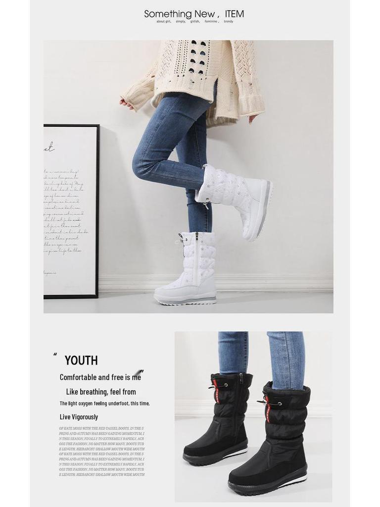 Women's White Waterproof Non-Slip Fleece-Lined Snow Boots - Korean Style, Plus Size, Cotton, Thickened Winter Footwear
