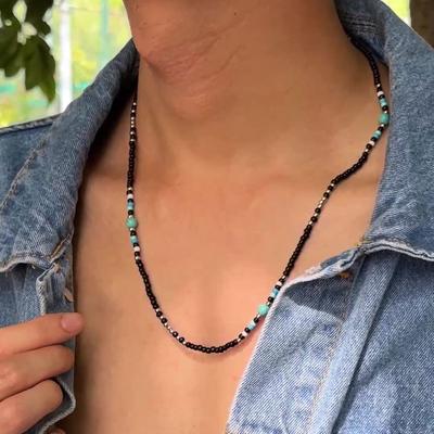 Synthetic Turquoise Necklaces for Men Boys,Mini Black Beaded Necklaces,Summer Beach Male Zircon