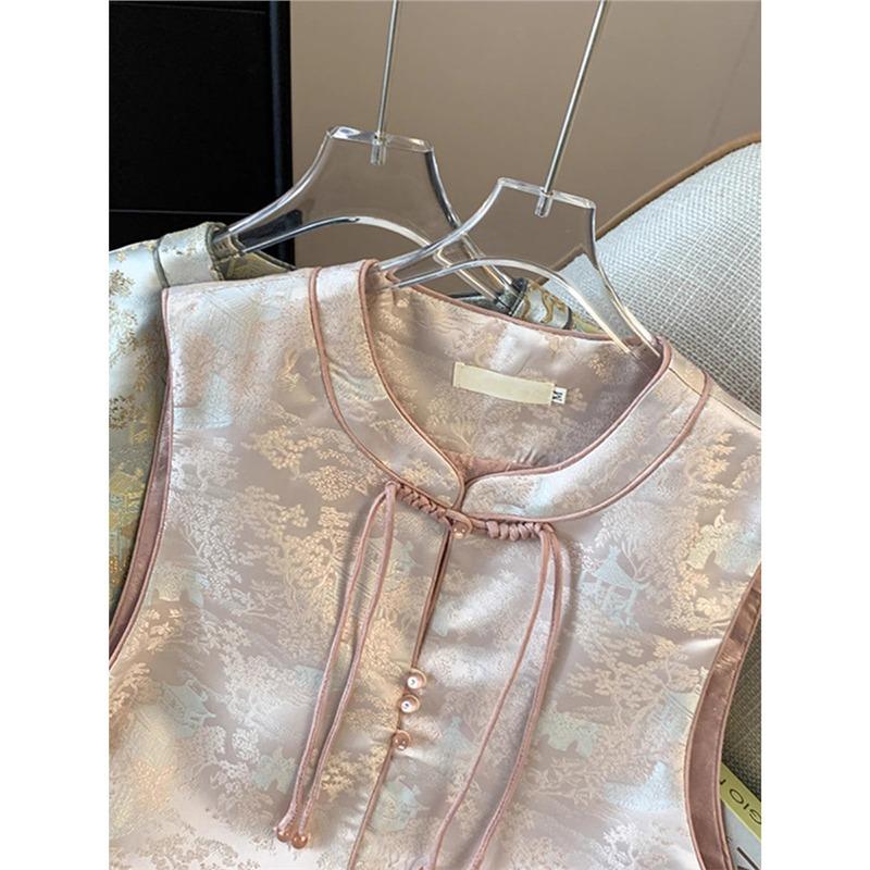 Vest Women's Spring and Autumn Improvement Guochao Disc-buckled Round Neck Jacquard Brocade Embroidered Top