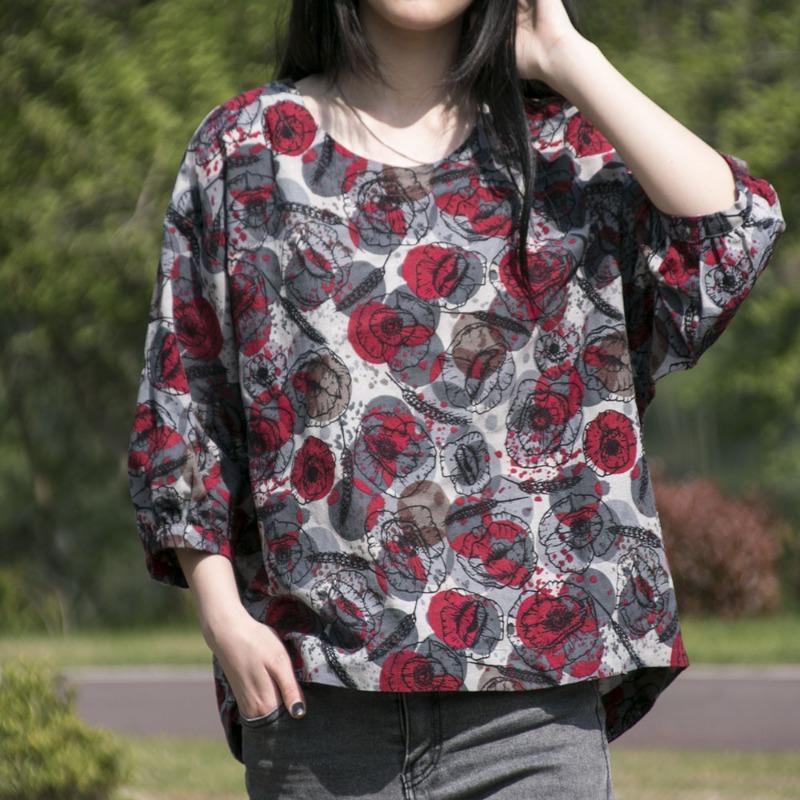 Sommer Damenbekleidung Ethnisch bedruckte Baumwollleinenbluse Top Rundhalsausschnitt Siebenviertelärmel T-Shirts