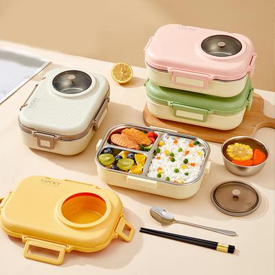 900Ml Microwave 304 Stainless Steel Bento Lunch Box With Bowl&Cutlery Student Portable 3 Grids Sealed Food Containers