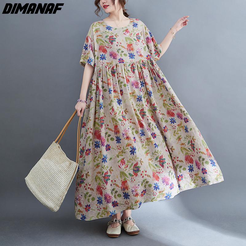 

DIMANAF Женское платье Лето Плюс Размер Пляж Сарафан Белье Богемный Принт Цветы Мода Леди Vestidos Свободное Повседневное Длинное Платье Оверсайз 9077