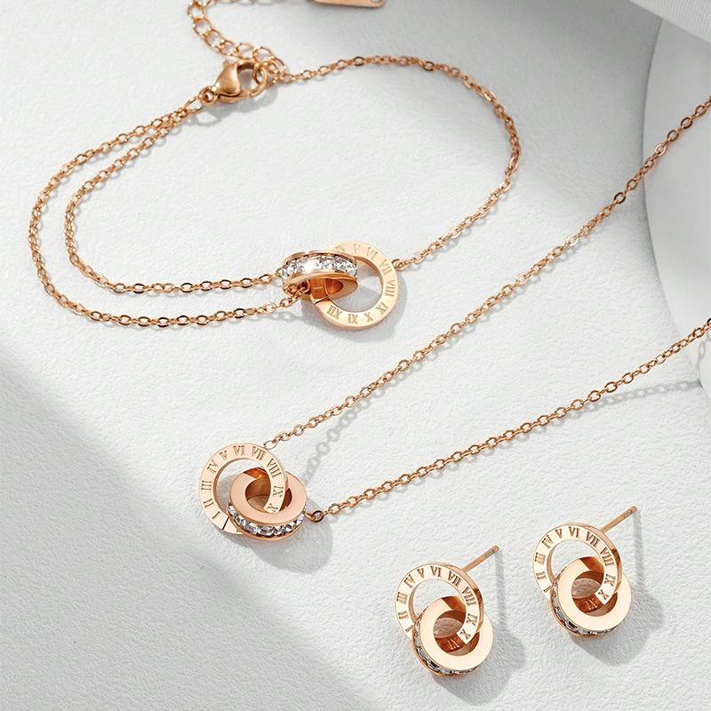 3 PCS Fashion Roman Digital Double Ring Pendant Necklace Bracelet Tiny Earrings Jewelry Set For Women Korean Style Daily Wear
