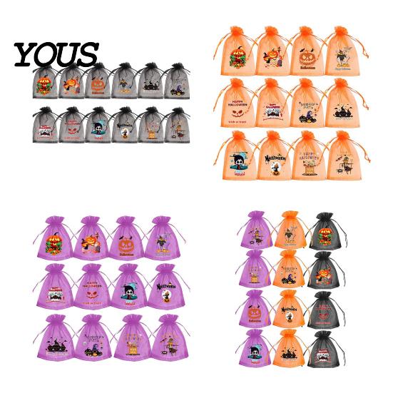 Halloween Pouch 12 Pcs Organza Candy Bag, Drawstring Treat with Pumpkin Ghost Bat Trick or Bag Print, Sheer Favor for Party Snacks, Gift Packaging