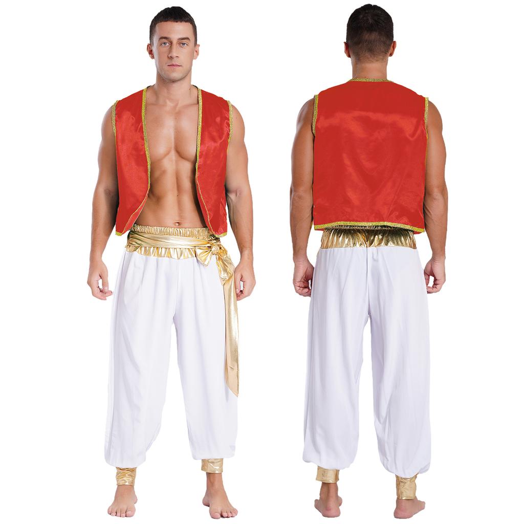 Men's Arabian Prince Cosplay Halloween Costume Sleeveless Vest with Long Pants Outfit